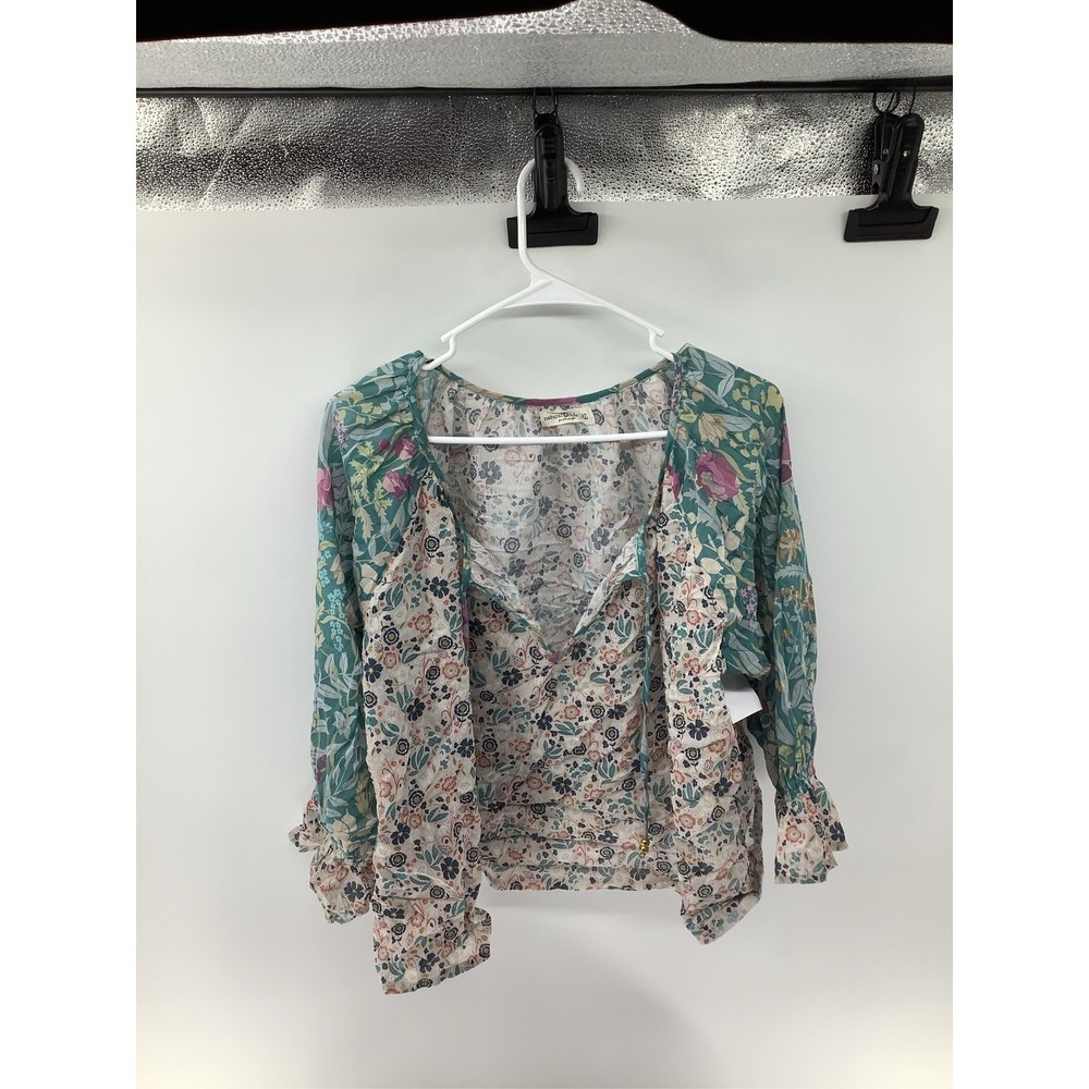 Natural Life Womens XL Mixed Floral Boho Blouse Teal Pink Ruffle Sleeve Peasant